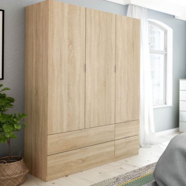 Armadio guardaroba camera da letto in legno con tre ante e quattro cassetti. Armadi per cameretta rovere con tripla anta.