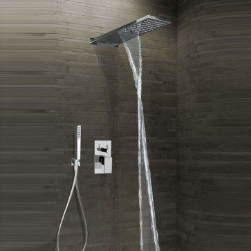 Kit 500 Classic completo di soffione doccia rettangolare in acciaio inox con cascata, mix incasso con deviatore 3 uscite e kit doccia con supporto doccetta