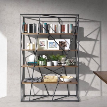 Libreria soggiorno con ripiani in legno impiallacciato noce, librerie scaffalatura salone in acciaio laccato nero per casa e ufficio.