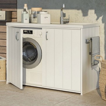 Kit mobile coprilavatrice in resina con lavabo integrato. Mobili lavanderia copriasciugatrice in PVC con lavatoio, ideale anche per l'esterno.