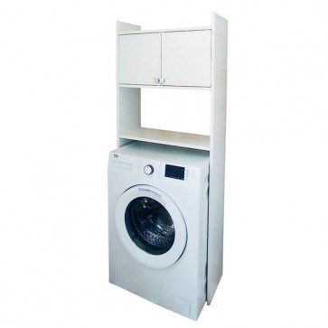 Mobile bagno coprilavatrice in resina. Mobili lavanderia bianco in PVC con pensile a 2 ante e ripiano a giorno, dimensioni H162x65x26 cm