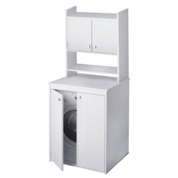 Mobile bagno sopralavatrice in resina. Mobili lavanderia bianco in PVC con pensile a 2 ante e ripiano a giorno, dimensioni H79x65x26 cm