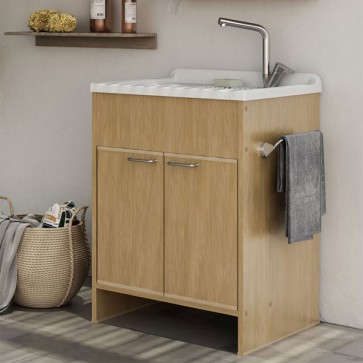 Kit mobile lavatoio di colore frassino in PVC antiacido, misure 60x50x85H cm. Lavatoio lavanderia con vasca lavaggio in polipropilene, ideale anche per l'esterno. 