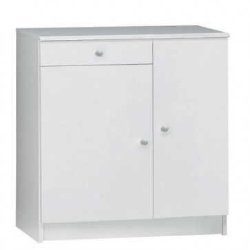 Armadio multiuso bianco con ripiani regolabili. Mobile bagno due ante e un cassetto in legno, ideale in lavanderia per i detersivi.