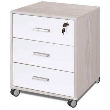 Cassettiera scrivania ufficio in legno con 3 cassetti bianchi. Cassettiere scrivanie olmo per arredamento camerette con serratura e ruote. 