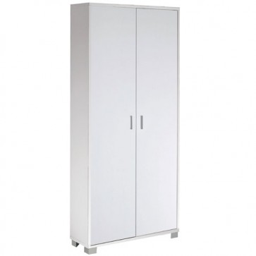 Mobile scarpiera multiuso con 8 ripiani regolabili, dimensioni 83x29x190 cm. Armadio Scarpiere con due ante bianco fiammato, ideale in bagno o in lavanderia come portascope. 