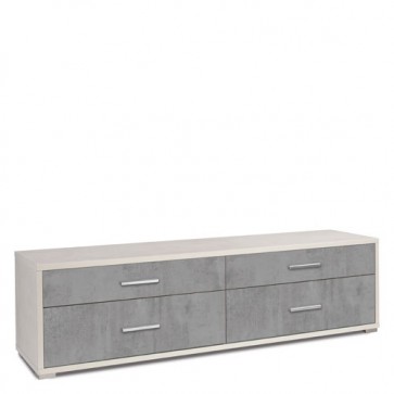 Mobile porta TV soggiorno con cassetto. Cassettiera ufficio basso bianco ossido con 4 cassetti cemento, misure 179x47x50 cm.