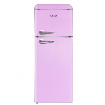 Frigorifero combinato a due porte Akai rosa anni 50. Frigoriferi vintage 240 litri con freezer congelatore, ideali in cucina.