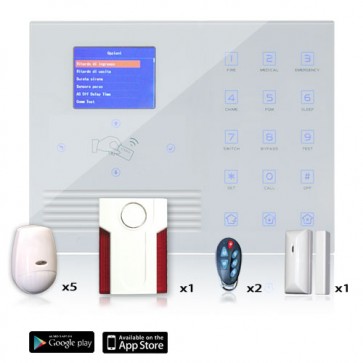 Kit Allarme Wireless professionale WIFI/GSM 868 Mhz con Batteria tampone. Allarme 8 zone filari e 32 wireless con modulo wifi per collegamento internet senza cavo e voce guida italiana, gestione e configurazione da Iphone e Android.