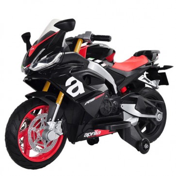 Moto elettrica per bambini Aprilia RS666 nera con batteria 12 Volt, luci e musica. Motocicletta per bambino con ruote ausiliari antiscivolo. 