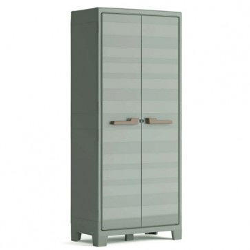 Armadio tuttopiani da esterno grigio verde con 4 ripiani regolabili. Armadietto multiuso impermeabile da giardino con chiusura lucchettabile, misure H182x80x44.