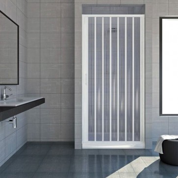 Porta a soffietto box doccia in PVC stabilizzato bianco. Cabina docce bagno con binario metrato, altezza 185 cm estensibilità 110÷90 cm.