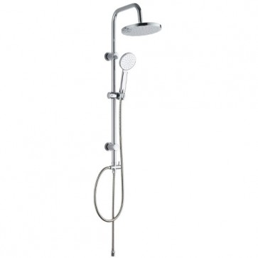 Colonna doccia a ponte in acciaio cromato. Colonne bagno con soffione circolare, doccino e deviatore.