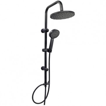 Colonna doccia a ponte nero opaco. Colonne bagno con soffione circolare, doccino e deviatore.