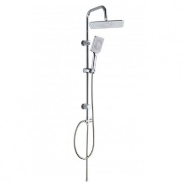 Colonna doccia a ponte in acciaio cromato. Colonne bagno con soffione rettangolare, doccino e deviatore.