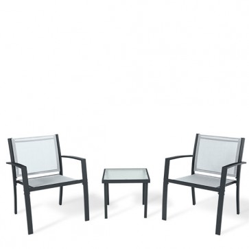 Set da giardino con tavolo e 2 poltrone in acciaio. Tavolino con vetro temperato e sedie da esterno per balconi e terrazzi.