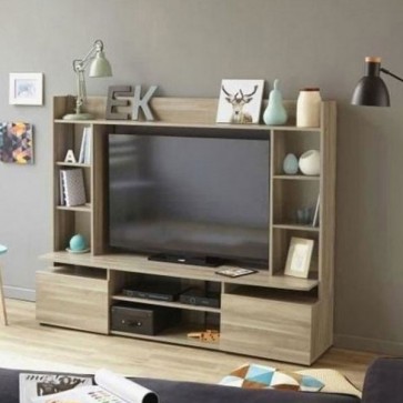 Mobile porta TV basso dal design scandinavo. Parete attrezzata moderna con mensole, 2 ante e vano porta televisore, 
