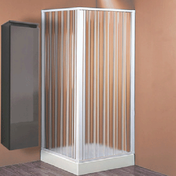 Box doccia angolare in PVC bianco. Cabina doccia bagno a soffietto con binario metrato, altezza 185 cm estensibilità cm 80÷60 cm.