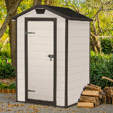 Casetta Keter da giardino in resina, effetto legno beige. Casette in polipropilene rinforzato, robusta e ideale per riporre attrezzi e per qualsiasi esigenza in giardino.