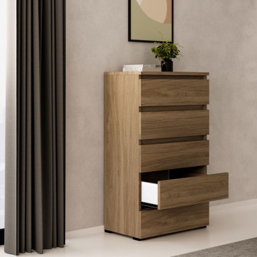 Cassettiera noce naturale con 5 cassetti in legno nobilitato. Mobile settimini ideale per camerette e camera da letto