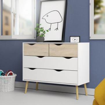 Cassettiera in legno con finitura laccata bianca e rovere naturale. Mobile settimino 4 cassetti, ideale per la camerette dei bambini.