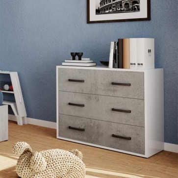 Cassettiera cemento cameretta con 3 cassetti in legno nobilitato. Mobile settimino ideale per camerette e camera da letto, dimensioni 91x45x81h cm.