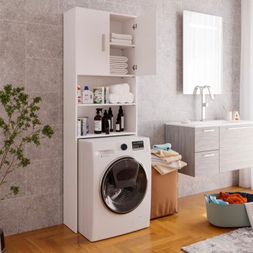 Mobile bagno coprilavatrice in legno. Mobili lavanderia bianco con pensile a 2 ante e ripiano a giorno, dimensioni H196x62x23 cm