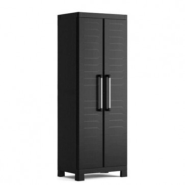 Armadio tuttopiani da esterno nero con 4 ripiani regolabili. Armadietto multiuso impermeabile da giardino con chiusura lucchettabile H182x65x45 cm