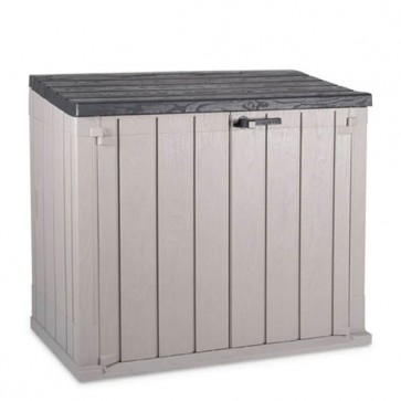 Armadio da terrazzo e balcone in polipropilene grigio tortora. Box porta attrezzi ideale per riporre attrezzature da giardino.