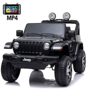 Auto elettrica due posti per bambini con batteria 12 volt, telecomando e schermo touch 6 pollici. Fuoristrada Jeep Wrangler Rubicon elettrico colore nero 