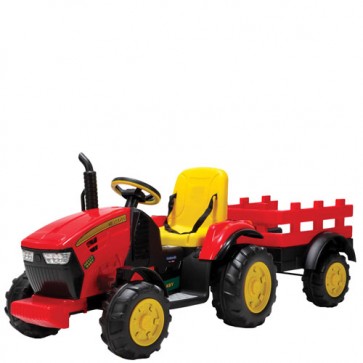 Trattore elettrico per bambini Dusseldorf con batteria 12 Volt e funzione di retromarcia. Trattori elettrici per bambini colore rosso con rimorchio.