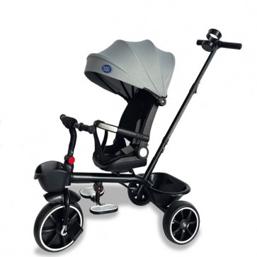 Triciclo grigio per bambino con parasole e cestino portaoggetti. Tricicli passeggino per bambini con maniglione, 