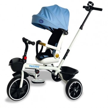 Triciclo celeste per bambino con parasole e cestino portaoggetti. Tricicli passeggino per bambini con maniglione, sedile girevole e tre ruote.