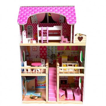 Casa della bambola in legno per bambino con 13 accessori, case delle bambole tre piani per bambini.