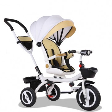 Triciclo passeggino bianco con cappottina per bambino. Tricicli passeggini a pedali per bambini con maniglione e sedile Girevole 180°.