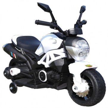 Motocicletta elettrica per bambini modello Ducati con batteria 6 Volt, moto da corsa bianca per bambino con retromarcia.