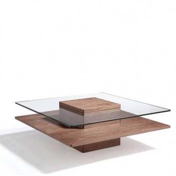 Tavolino quadrato soggiorno dal design moderno con piano in vetro temperato. Tavolini per salone con gambe in legno impiallacciato noce naturale.