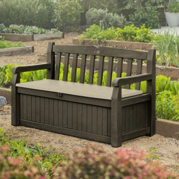Cassapanca contenitore in resina con finitura effetto legno per esterno. Panchina baule da giardino in resina marrone con seduta beige, misure 140X60X84H cm.