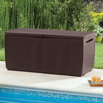Box Keter da giardino in resina marrone. Baule porta attrezzi rinforzato, ideale per riporre accessori per la piscina o per qualsiasi esigenza in giardino.