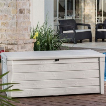 Box Keter da giardino in resina bianca. Baule porta attrezzi rinforzato, ideale per riporre accessori per la piscina o per qualsiasi esigenza in giardino.