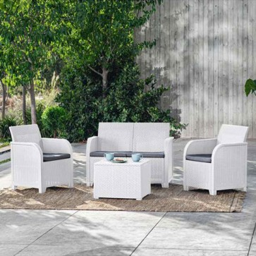 Set da giardino con 3 divani completi di cuscino e un tavolino in resina antiurto, tavolo e poltrone bianca da esterno per terrazzo.