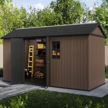 Casetta Keter da giardino con pannelli evotech e finestre frontali. Casette con rifinura effetto legno naturale, robusta e ideale per riporre qualsiasi attrezzo da giardino.