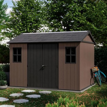 Casetta Keter da giardino con pannelli evotech e finestre frontali. Casette con rifinura effetto legno naturale, robusta e ideale per riporre qualsiasi attrezzo da giardino.
