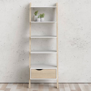 Mobile libreria scaletta a muro bianca e rovere. Librerie scala a parete 5 ripiani con cassetto, ideale a casa e in ufficio.