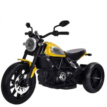 Motocicletta elettrica per bambini Ducati Scrambler Icon gialla con batteria 6 Volt. Moto da corsa per bambino con tre ruote, luci e suoni.