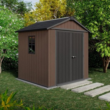 Casetta Keter da giardino con pannelli evotech e finestre laterali. Casette con rifinura effetto legno naturale, robusta e ideale per riporre qualsiasi attrezzo da giardino.