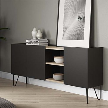 Credenze buffet nera TemaHome con 3 ante. Mobile in legno rovere con gambe in metallo nero per cucina e soggiorno.