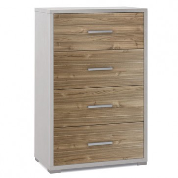 Cassettiera bianca in legno con 4 cassetti noce stelvio. Cassettiere settimino ideale per ufficio e camera da letto, dimensioni 71x41x110h cm.