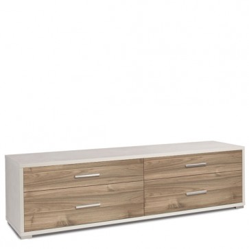 Mobile porta TV soggiorno con cassetto. Cassettiera ufficio basso bianco ossido con 4 cassetti noce stelvio, misure 179x47x50 cm.