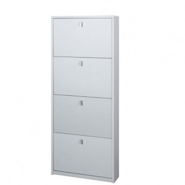 Armadio scarpiera slim con 4 ripiani a ribalta. Scarpiere armadietto salvaspazio quattro ante in legno colore bianco fiammato, dimensioni 63x18x154 cm.